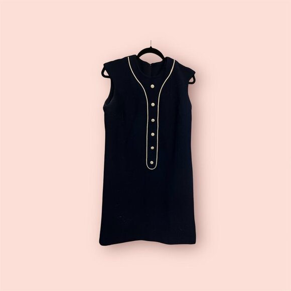 Vintage Dresses & Skirts - Vintage Navy Dress with White Piping